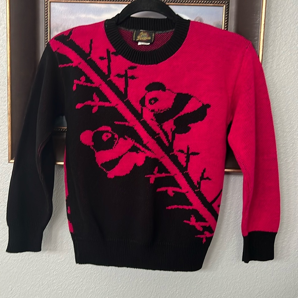 GAS CO Vintage Color Block Pandas & Bamboo Knit Sweater Black & Red Kids M